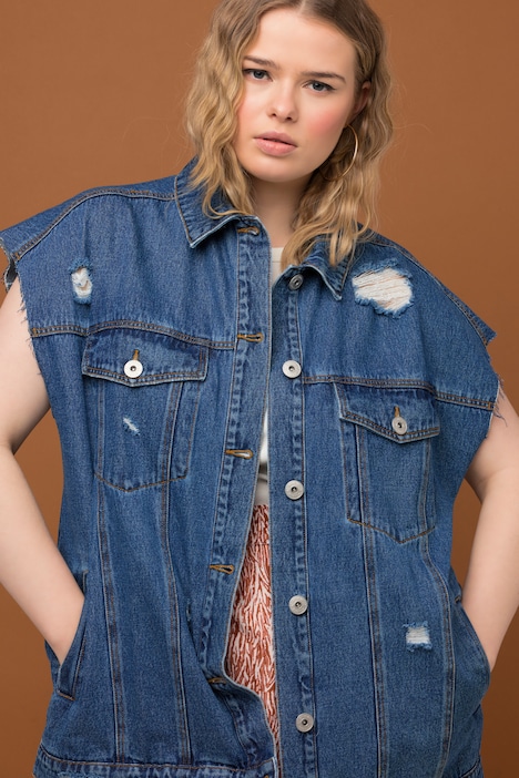 Jeansweste, oversized, Destroy-Effekte, Hemdkragen