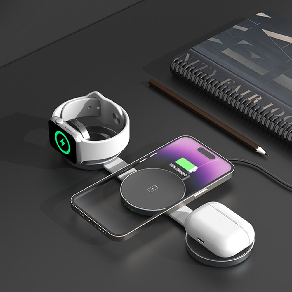 (15W) 3in1 MagSafe Qi Wireless Charger Ladegerät Faltbare Ladestation - Silber