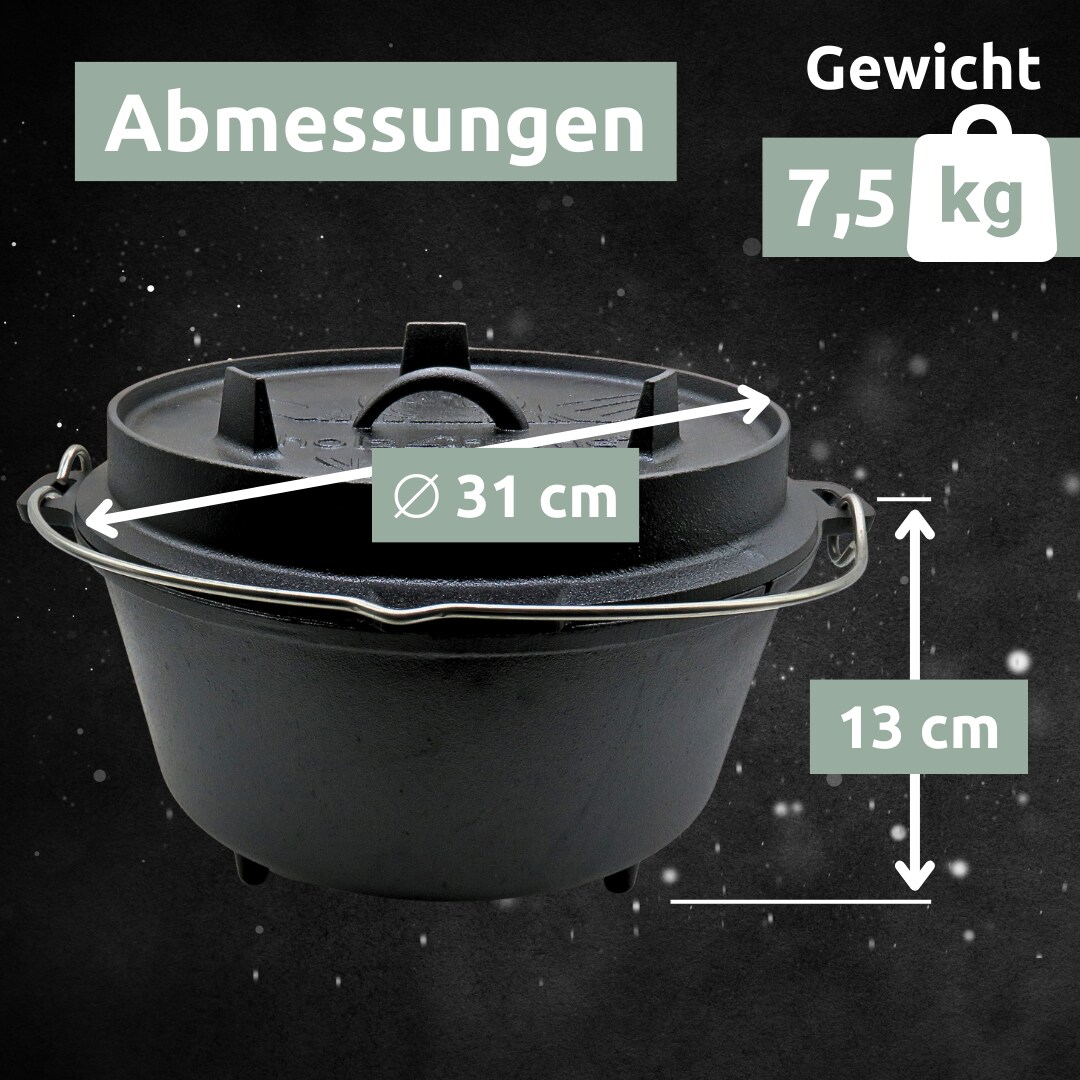 holz4home® Dutch Oven Set 6-teilig I eingebrannter Feuertopf 9L aus Gusseisen I inkl. Pfanne, Topfständer, Deckelheber und Reinigungsbürste