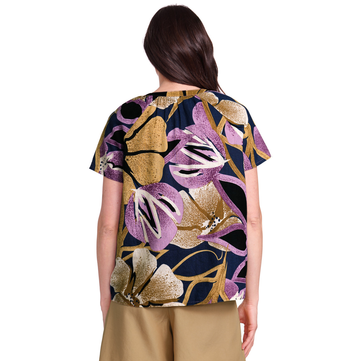 Gina Benotti Damen Leinen-Bluse mit kurzem Stehkragen dunkelblau / helllila / beige