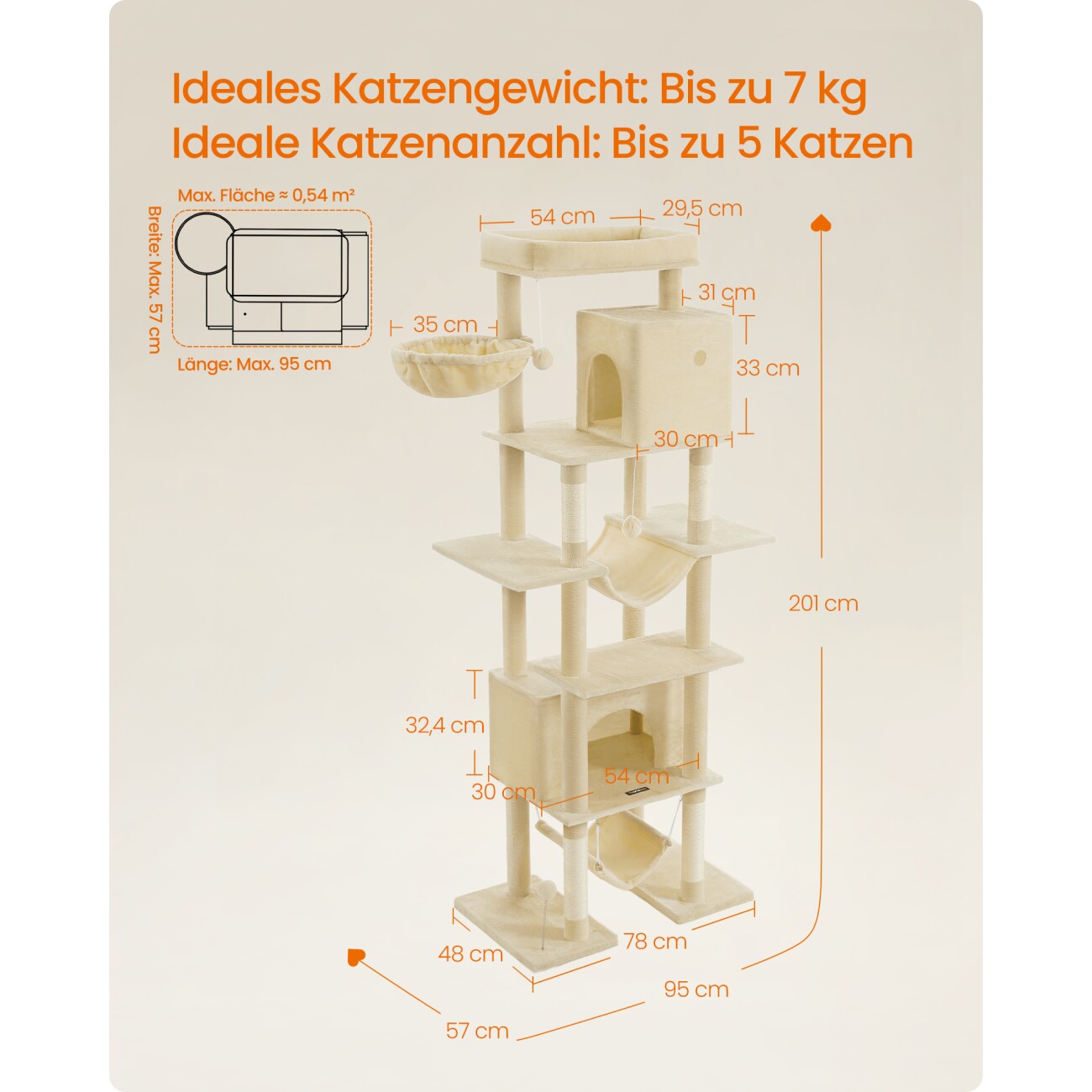 FEANDREA Kratzbaum groß 201cm mehrstöckiger Katzenbaum beige