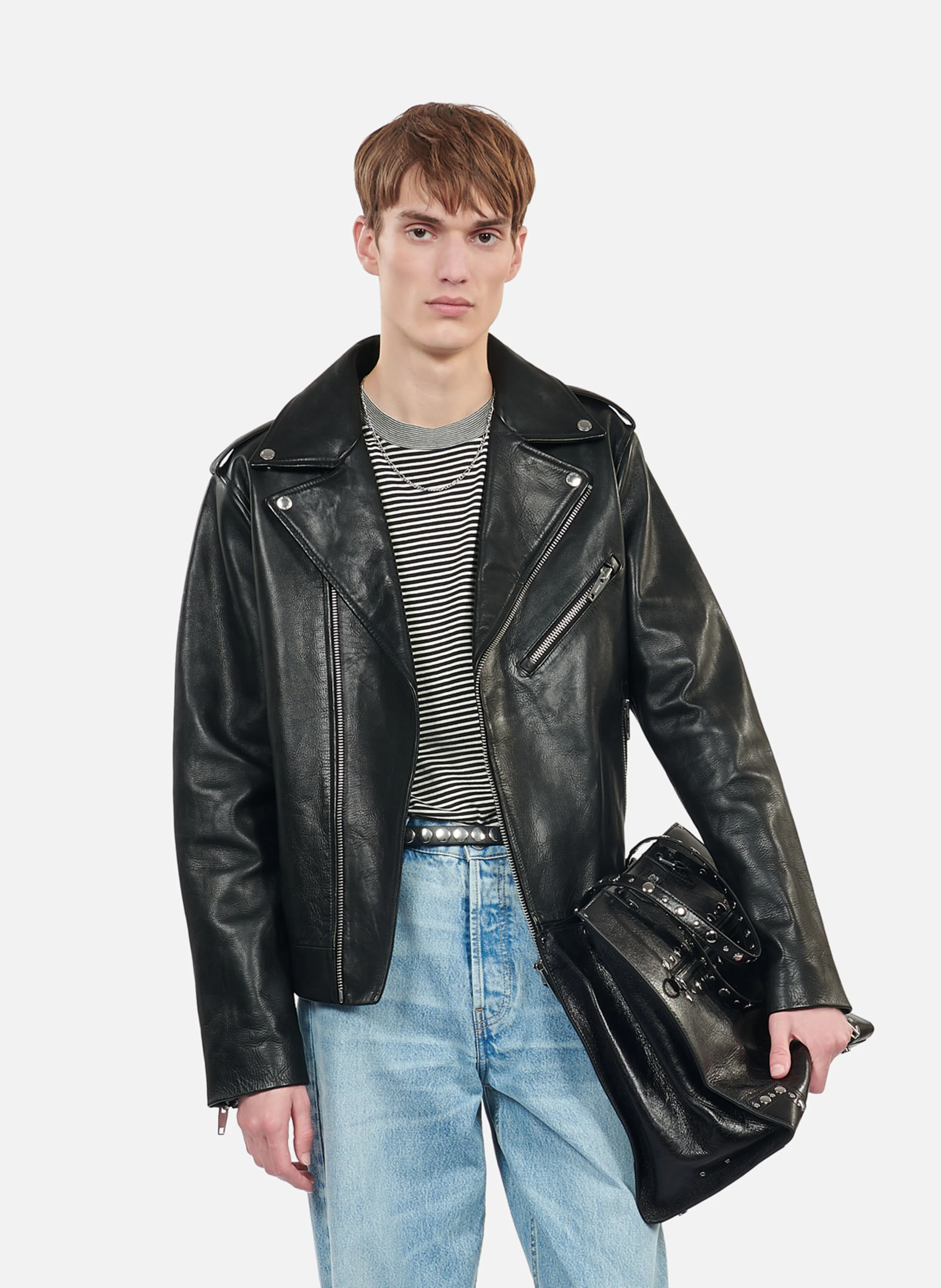 Blouson droit biker en cuir | Noir