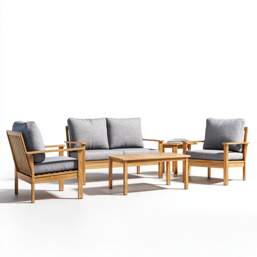 4-teiliges Gartenmöbel-Set aus Teakholz mit grauen Kissen