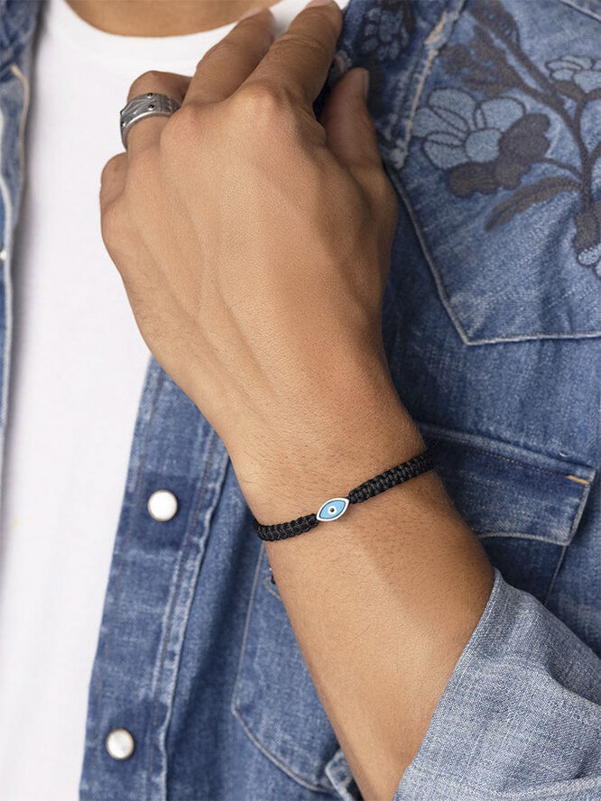 Nialaya Men's Black String Bracelet with Stainless Steel Evil Eye Black