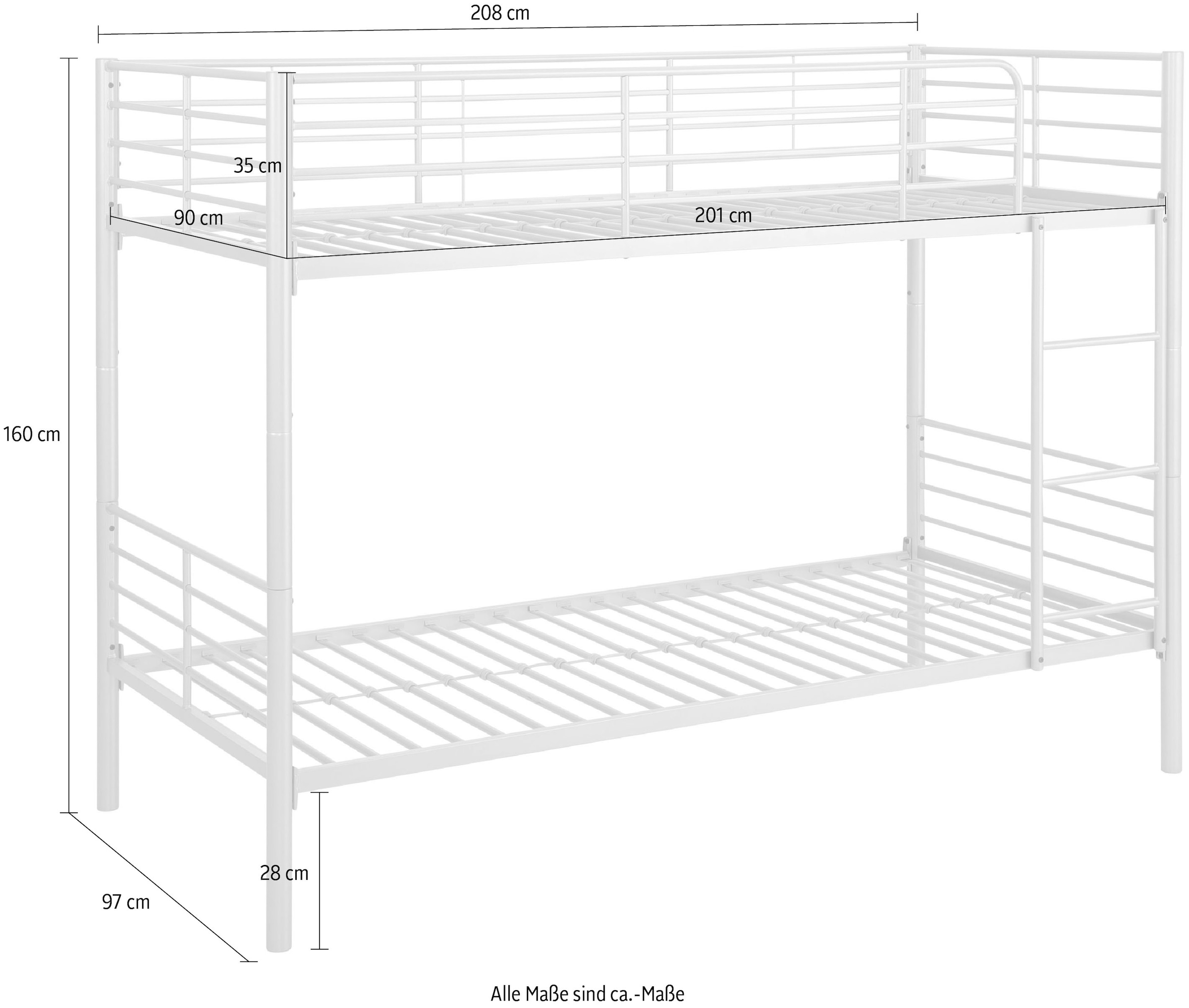Home affaire Etagenbett »Hayo,  Metallbett, Stockbett« teilbar in 2 Einzelbetten,  perfekt für kleine Räume, mehrere Farben, (B/T/H) ca. 208/97/160 cm
