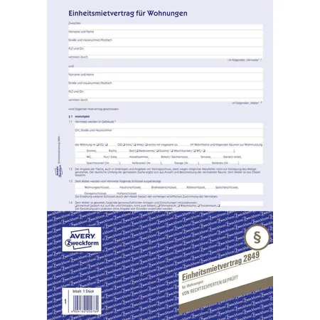 Avery Zweckform 2849 Einheitsmietvertrag für Wohnungen, A4, 4-seitig