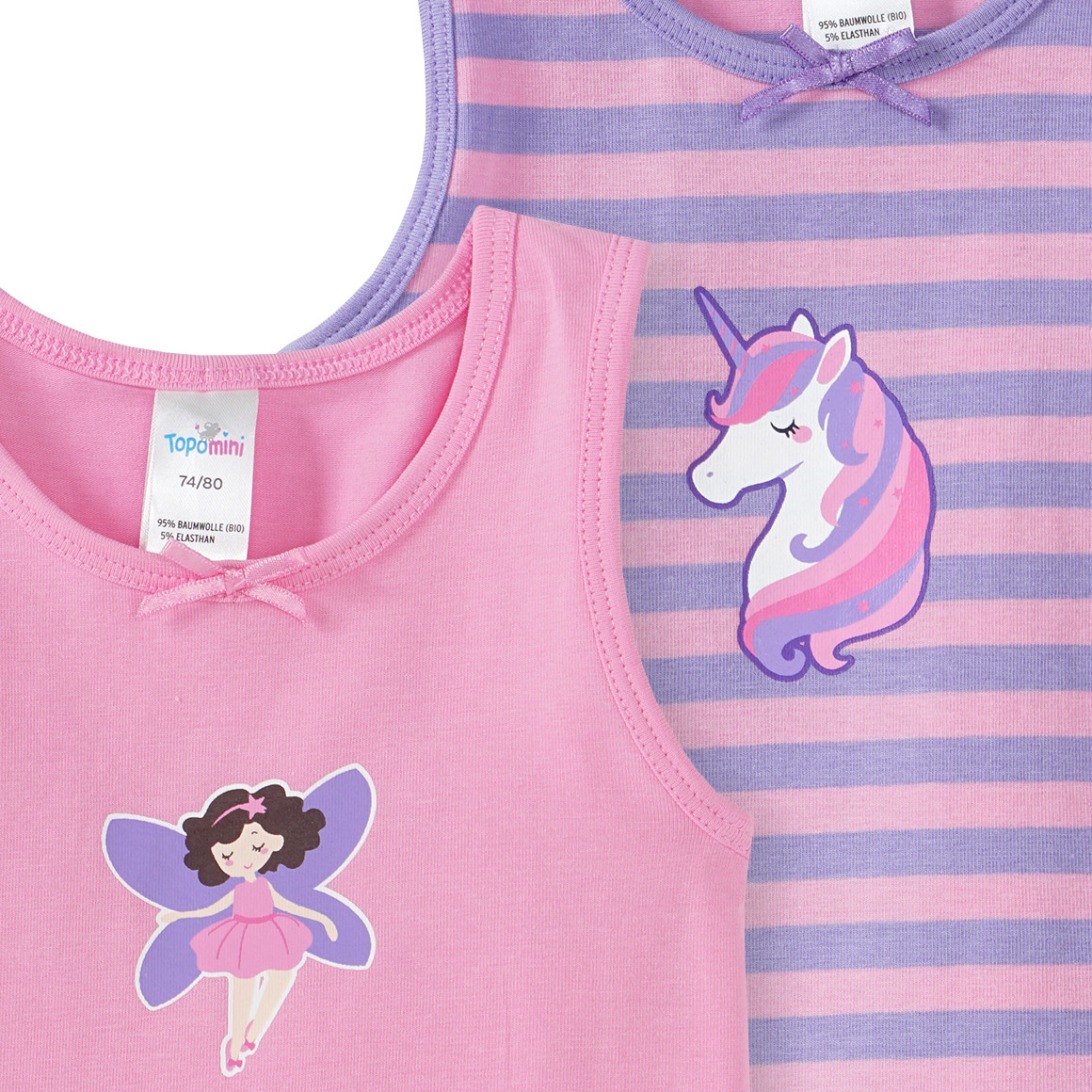 Topomini 2 Baby Unterhemden mit verschiedenen Prints helllila / rosa