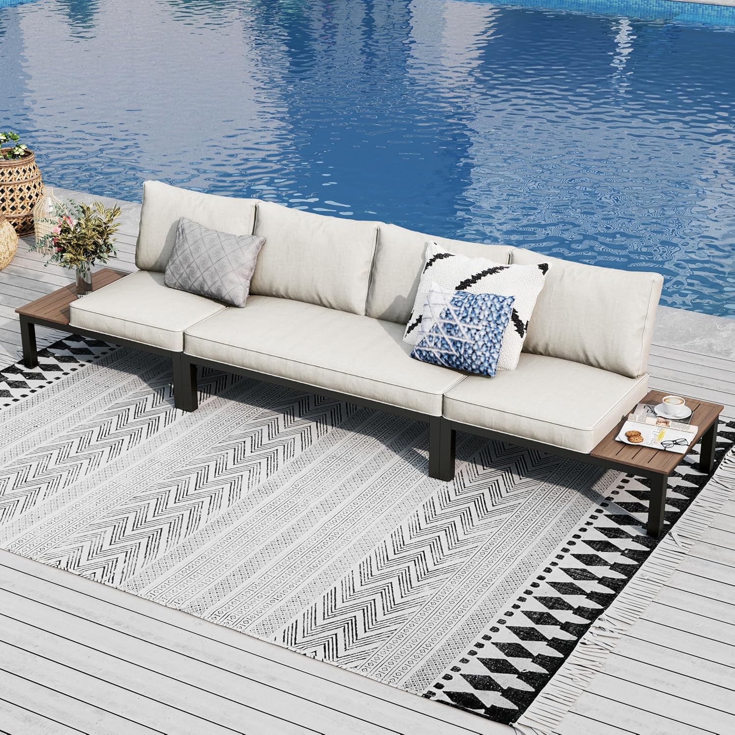PHI VILLA Gartenmöbel Balkonmöbel Set 3 Teilig, Metall Lounge Möbel Outdoor Gartenlounge Set 4-Sitzer, Terrassenmöbel Modulare Möbel mit Verstärkten Kissen und Kaffeetisch, Beige