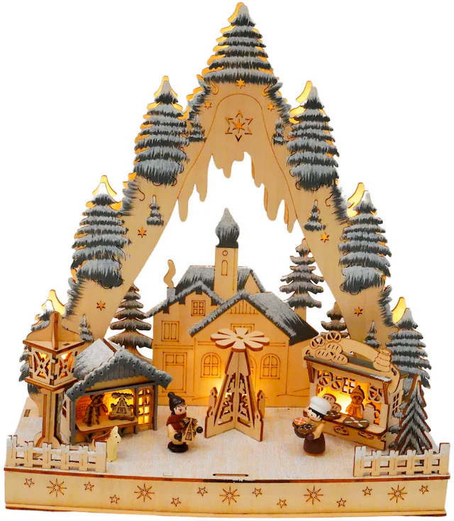 Home affaire LED Schwibbogen »Winterszene, Weihnachtsdorf mit Wald« 1 Stk. Weihnachtsdeko aus Holz, Höhe ca. 33 cm
