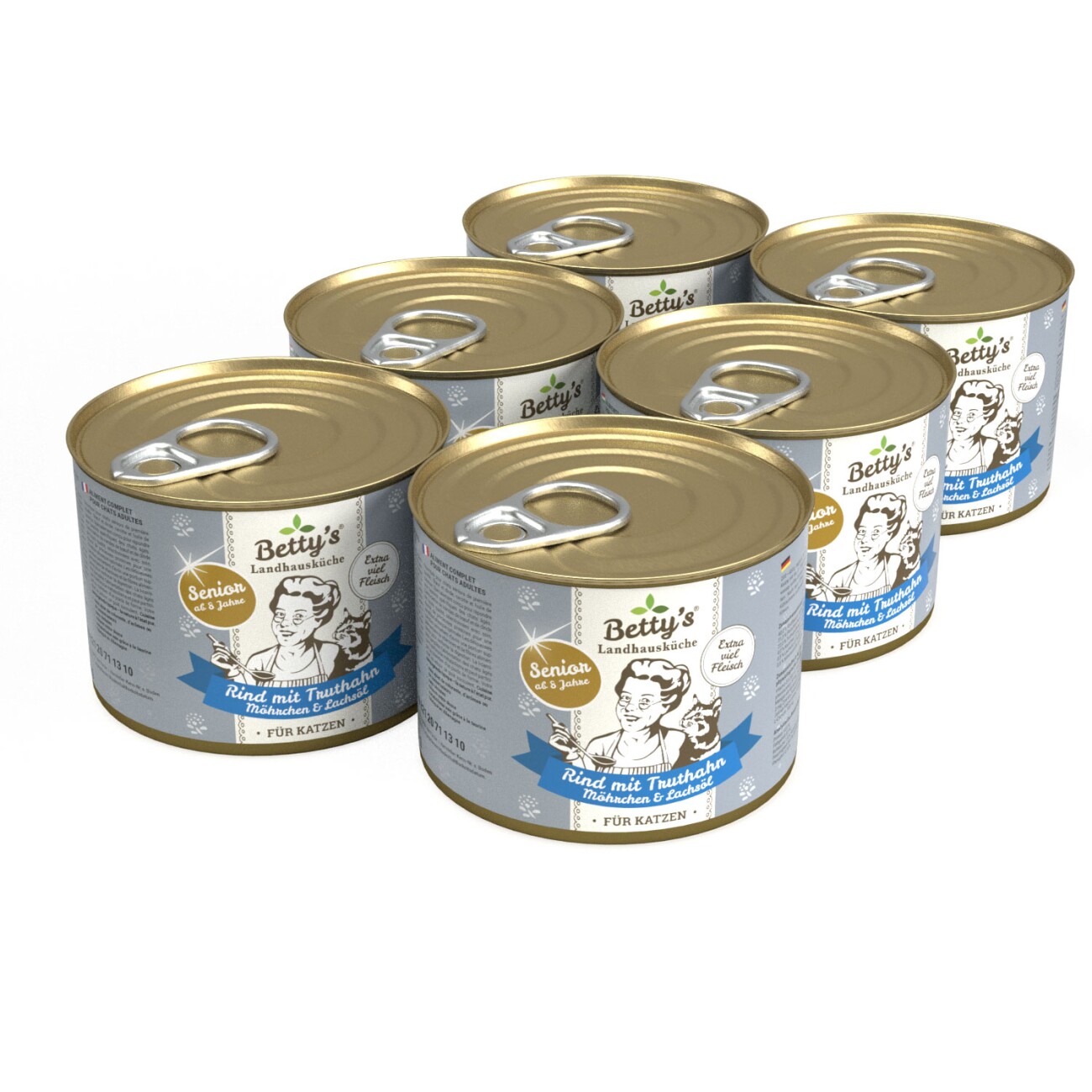 Betty's Landhausküche SENIOR Katze Rind mit Truthahn, Möhrchen & Lachsöl 6x200 g