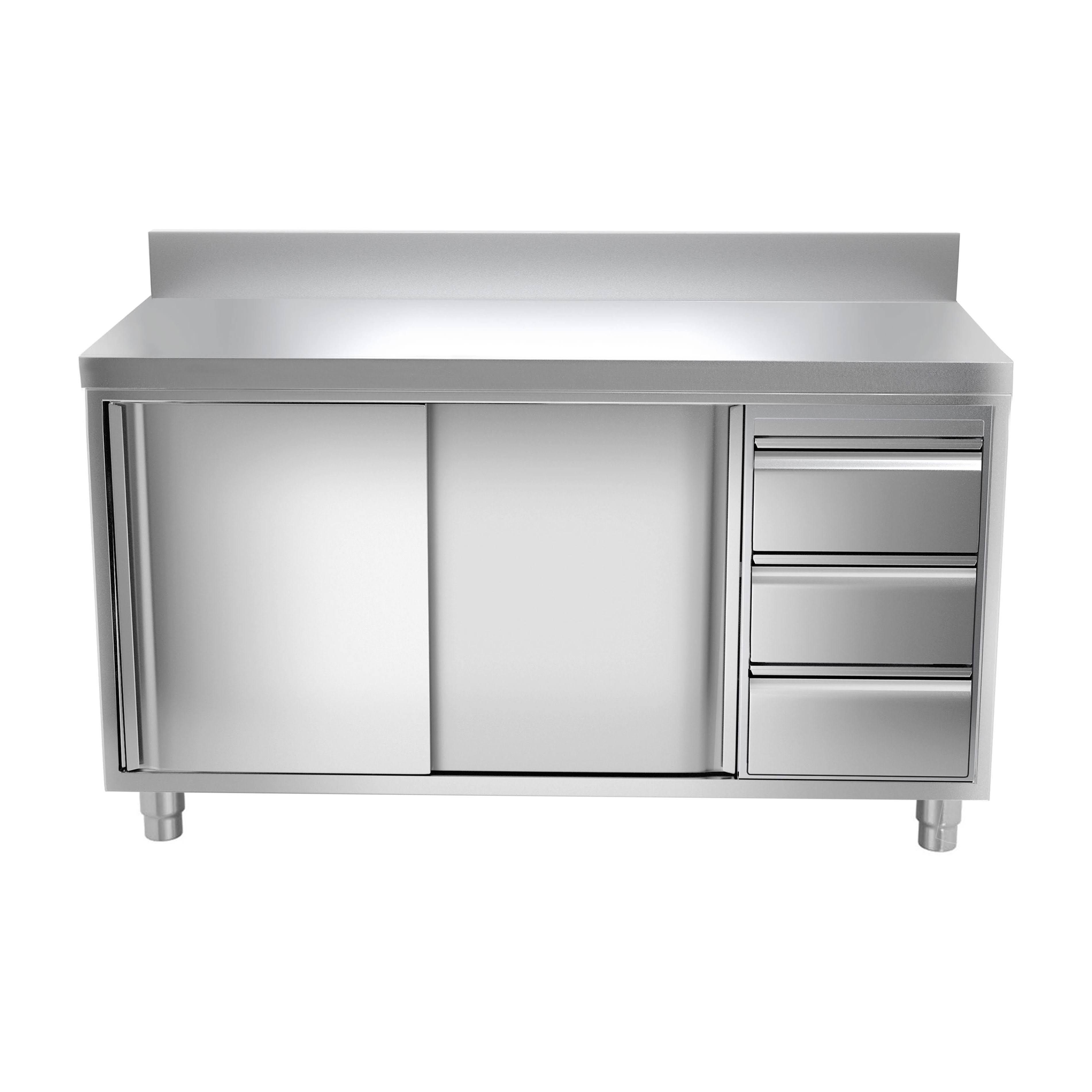 ggm gastro Edelstahl Arbeitsschrank PREMIUM 1400x600mm mit 3 Schubladen rechts & Aufkantung