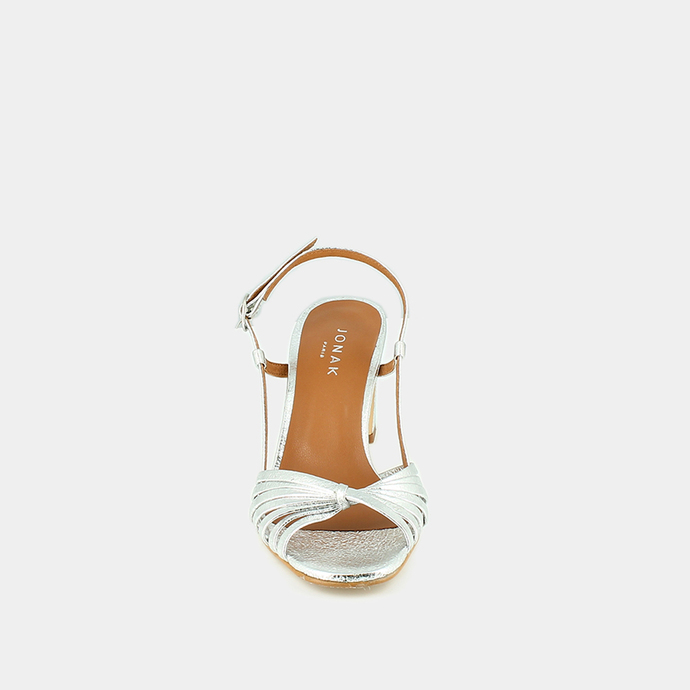 Sandales à bouts carrés et brides  en cuir craquelé argent
