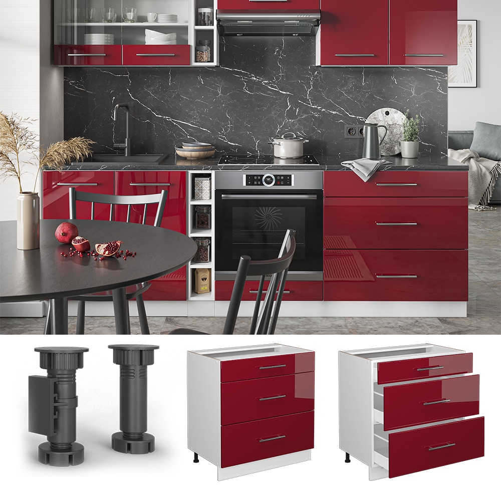 Vicco Schubladenunterschrank Küchenschrank Küchenmöbel Fame-Line Weiß Bordeaux Rot 80 cm modern Hochglanz Küche Einbauküche Drehtür Blende Schublade Küchenunterschrank Küchenzeile