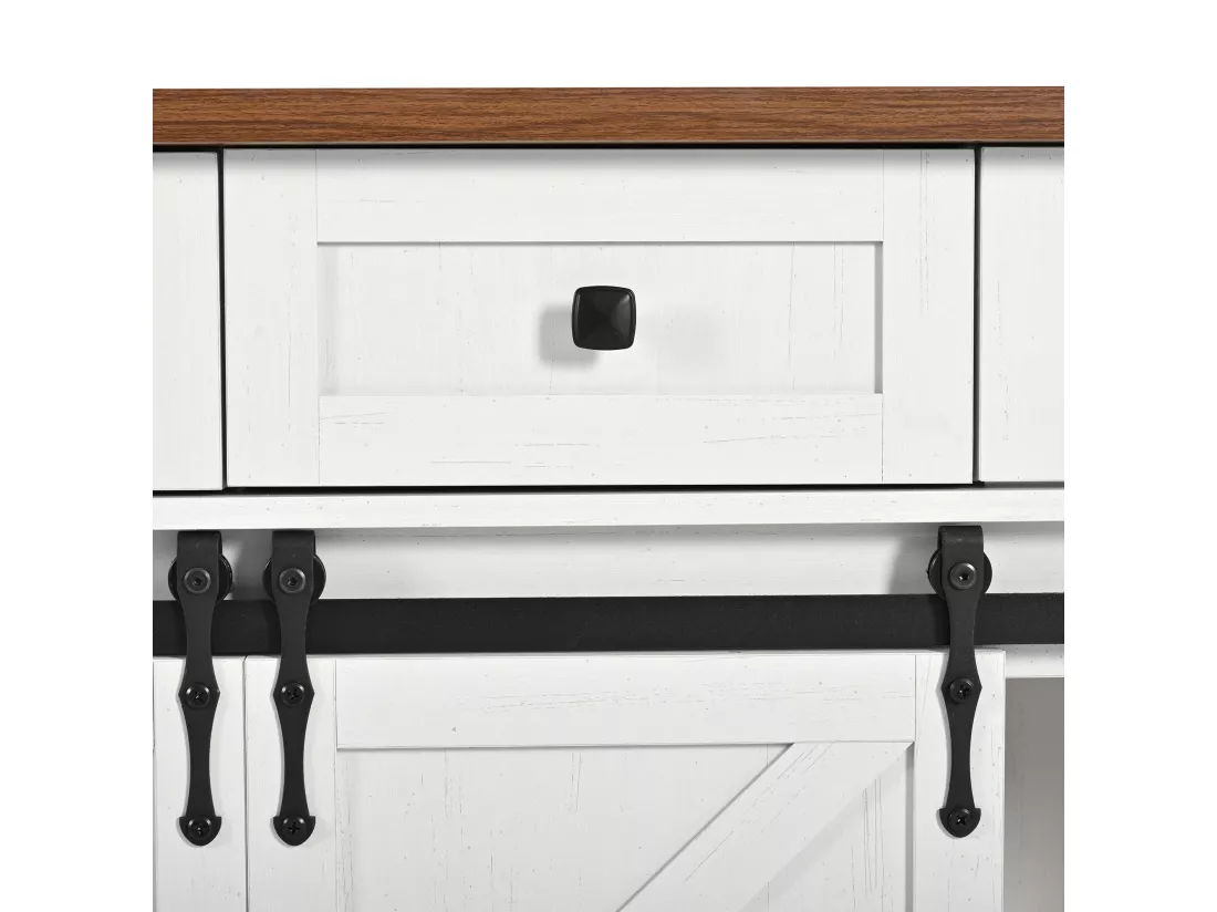 Ilot central de cuisine - avec plateau escamotable - 2 portes coulissantes avec étagères et 3 tiroirs - Beige