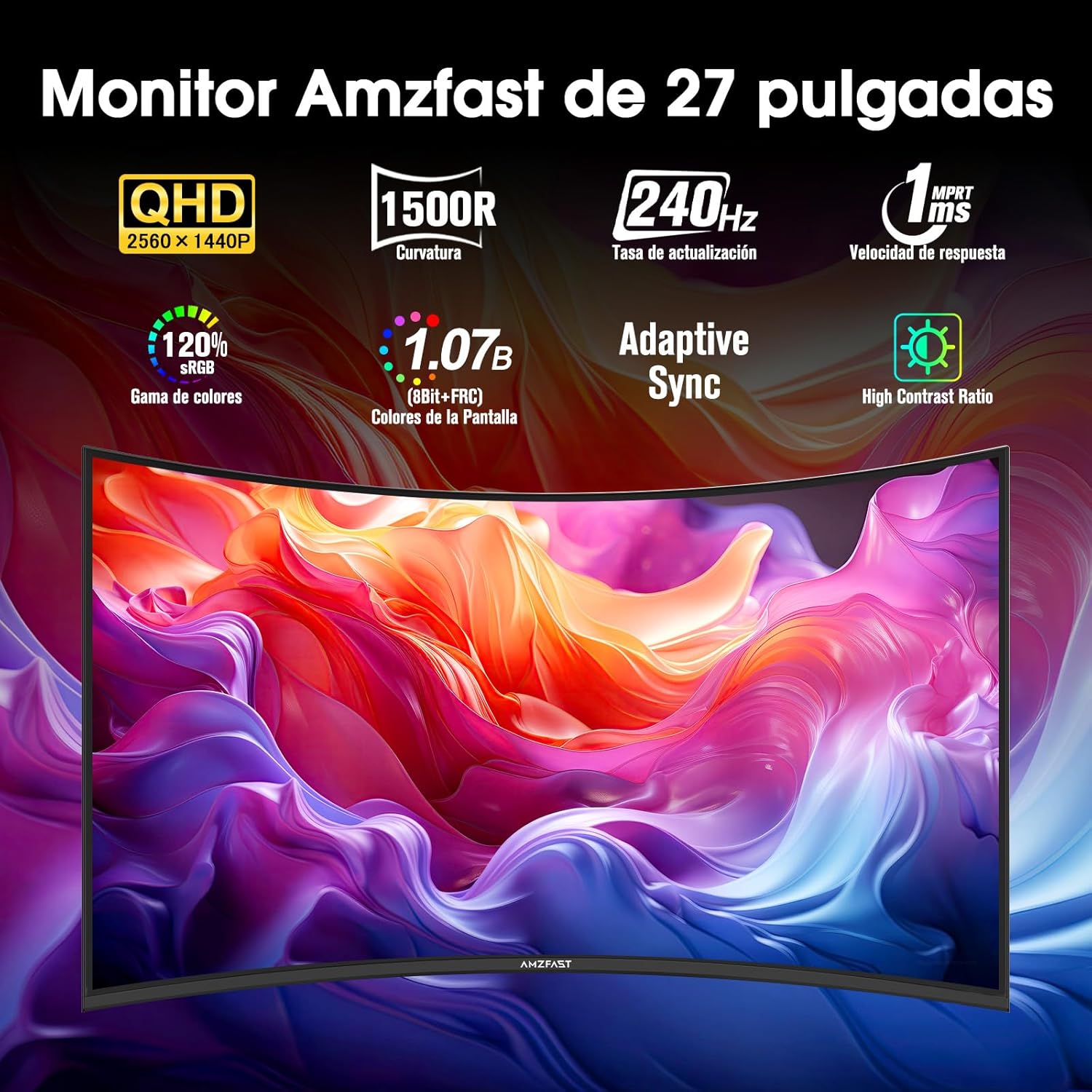 Amzfast Écran PC Gaming 27 Pouces Incurvé, 2K QHD(2560 x 1440), 240Hz Moniteur, 1Ms MPRT, 1500R, sRGB 120 pour cent, Adaptive Sync, Low Blue Light,VESA 100 * 100, HDMI 2.0 * 2/DP 1.4 * 2, AMZG27C1Q Pro