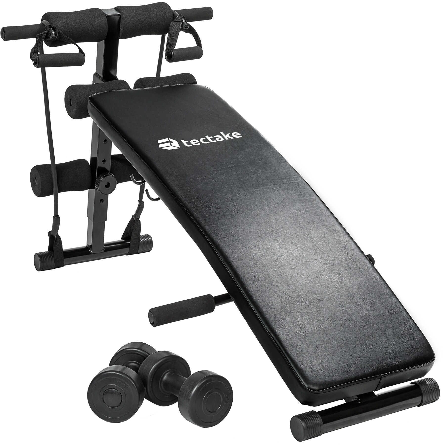 tectake® Sit-up Bank, 6-fach verstellbar, klappbar, rutschfeste Fußenden, inklusive 2 Hanteln und elastische Seile