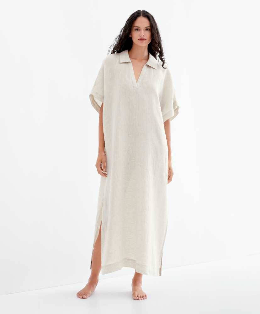 Vestido túnica com gola alta, 100% linho
