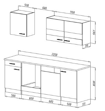 RESPEKTA Küchenzeile - schwarz - Eiche sägerau - mit E-Geräten - 220 cm