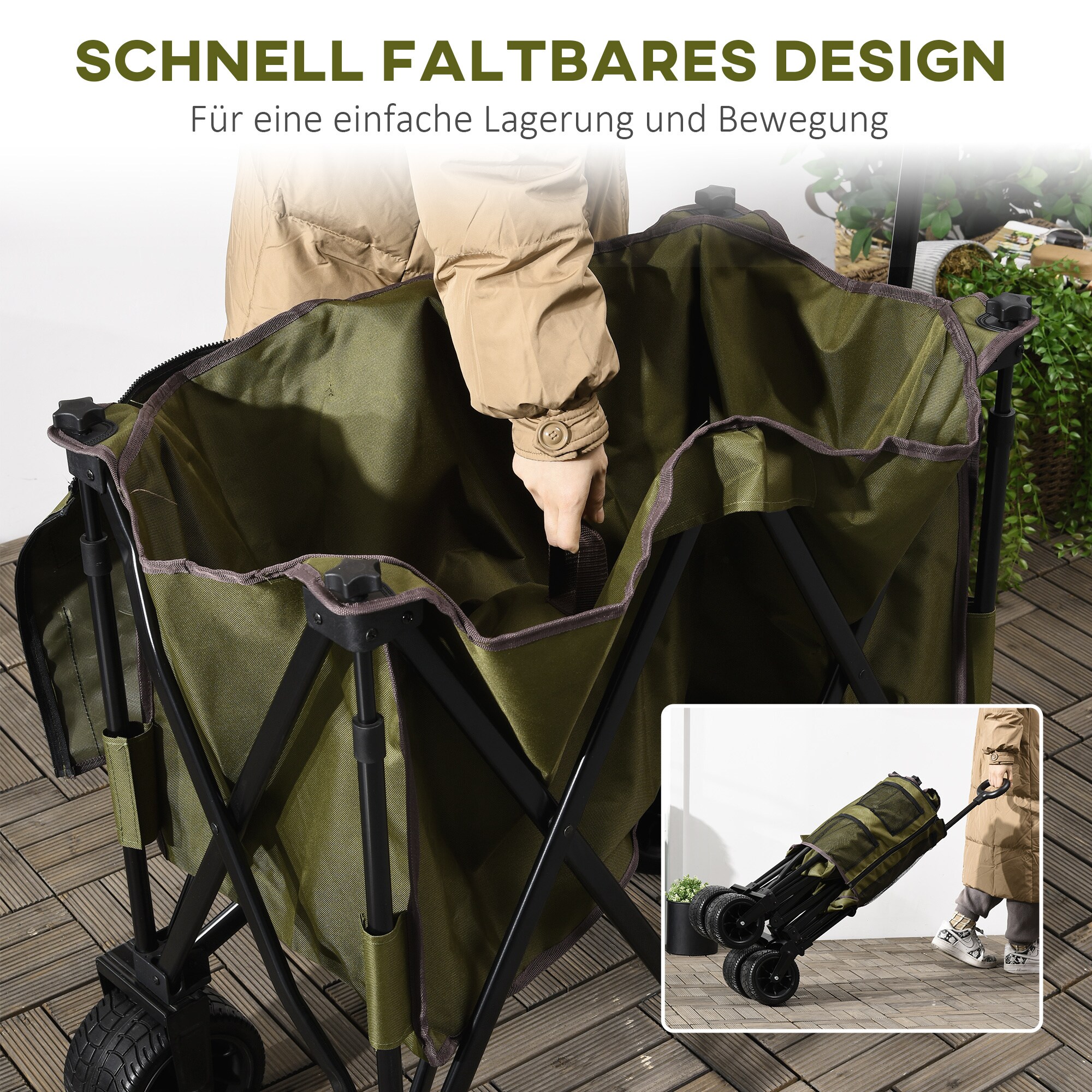 Outsunny Bollerwagen mit Seitentasche grün 100L x 48B x 100,5H cm