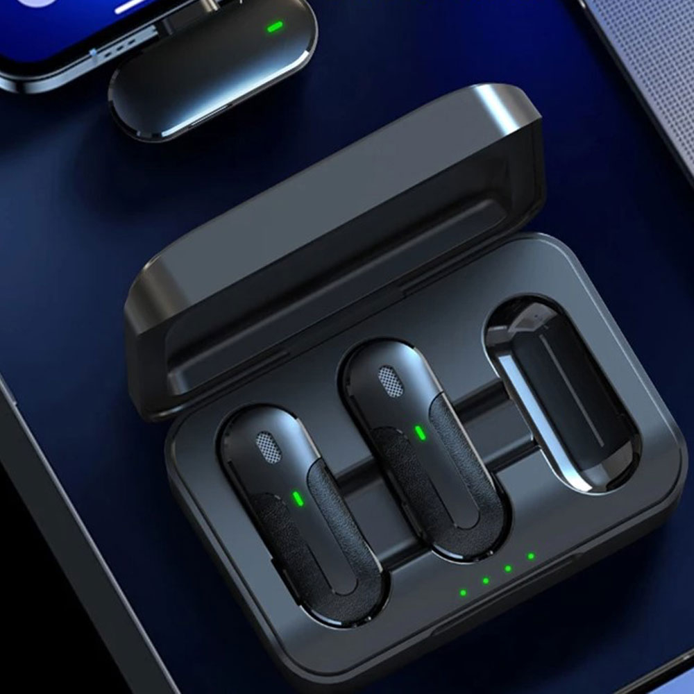 (2er Set) 2.4GHz Kabelloses Lavalier Mikrofon für Handy / Laptop mit USB C Anschluss / Clip-Halterung und Ladecase - Schwarz