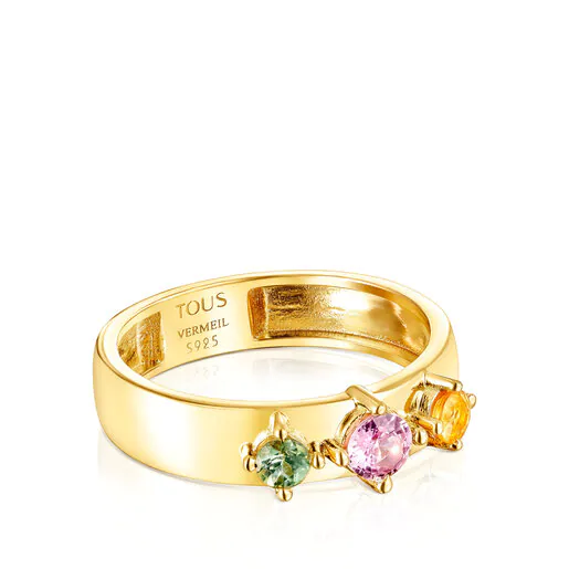 Anel deslumbrante com banho de ouro 18k sobre prata e safiras multicoloridas.