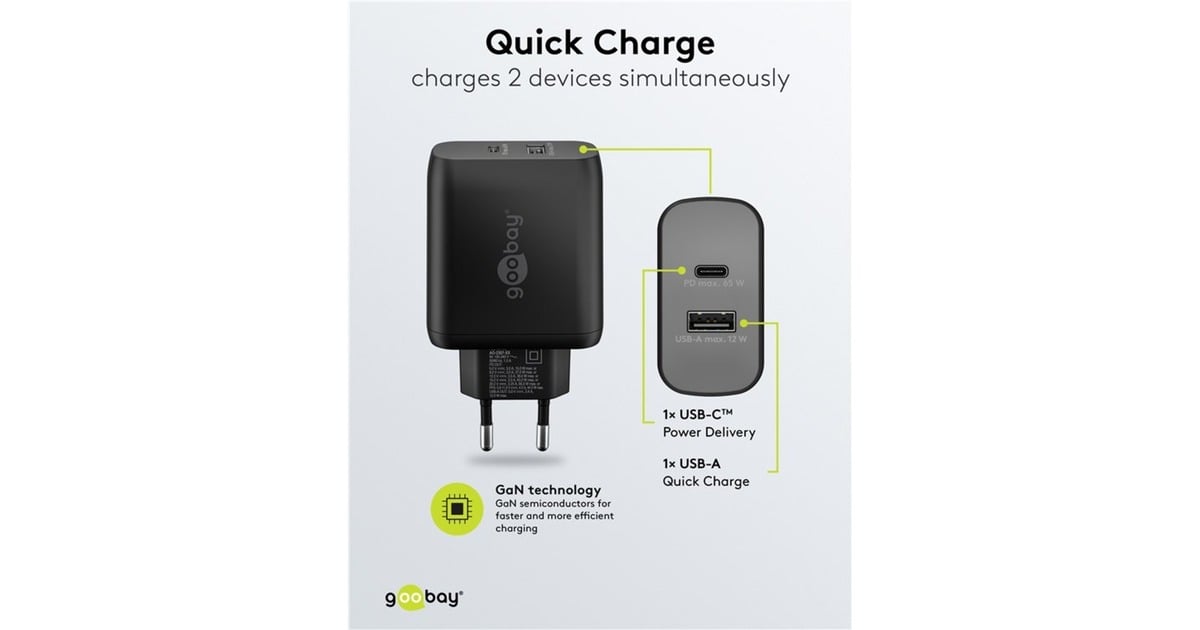 goobayUSB-C PD GaN Dual snellader (65 W)  (Zwart, 1x USB-C, 1x USB-A, Power Delivery)