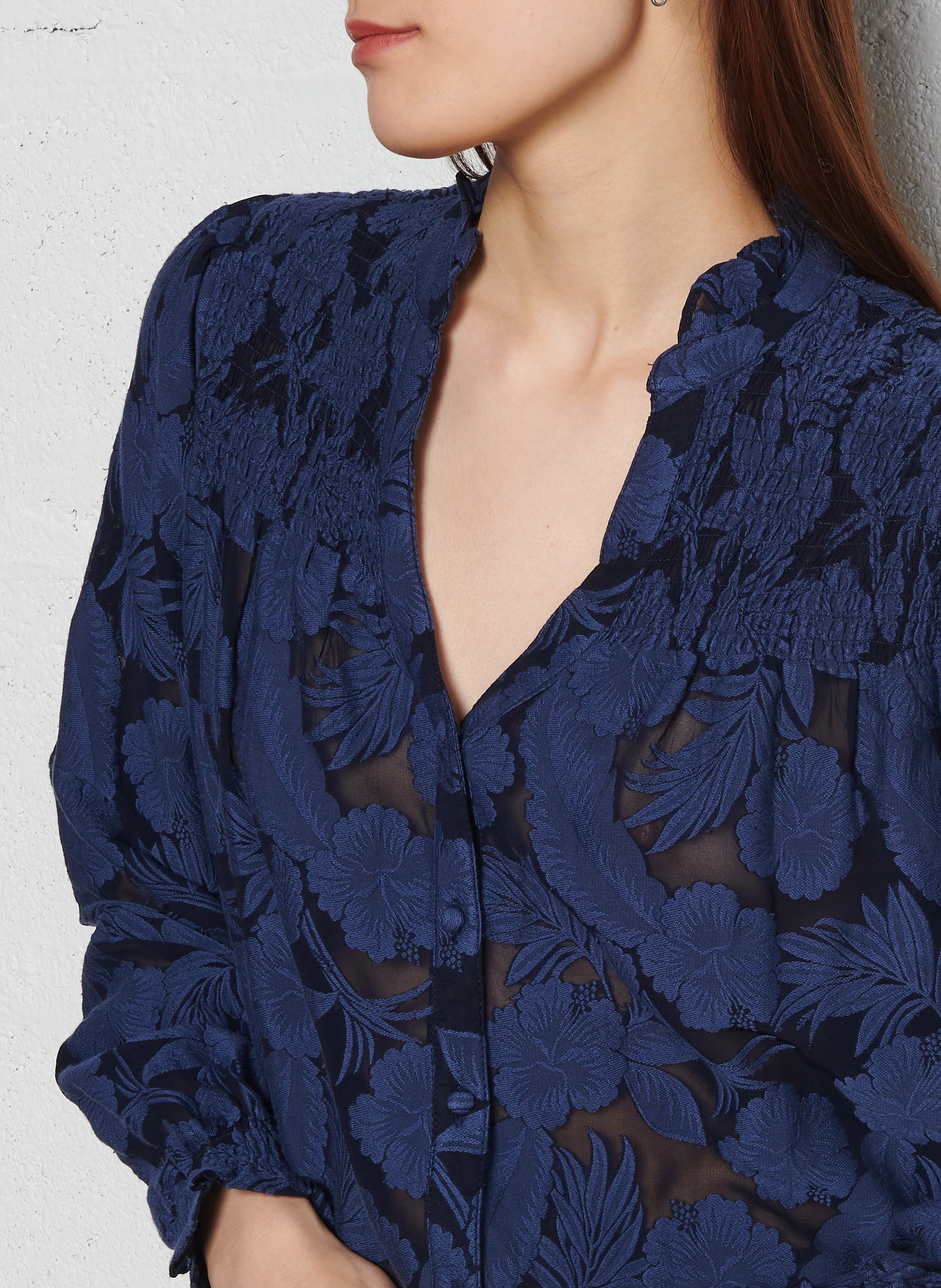 BLEONA - Chemise ample col V en coton mélangé | Bleu