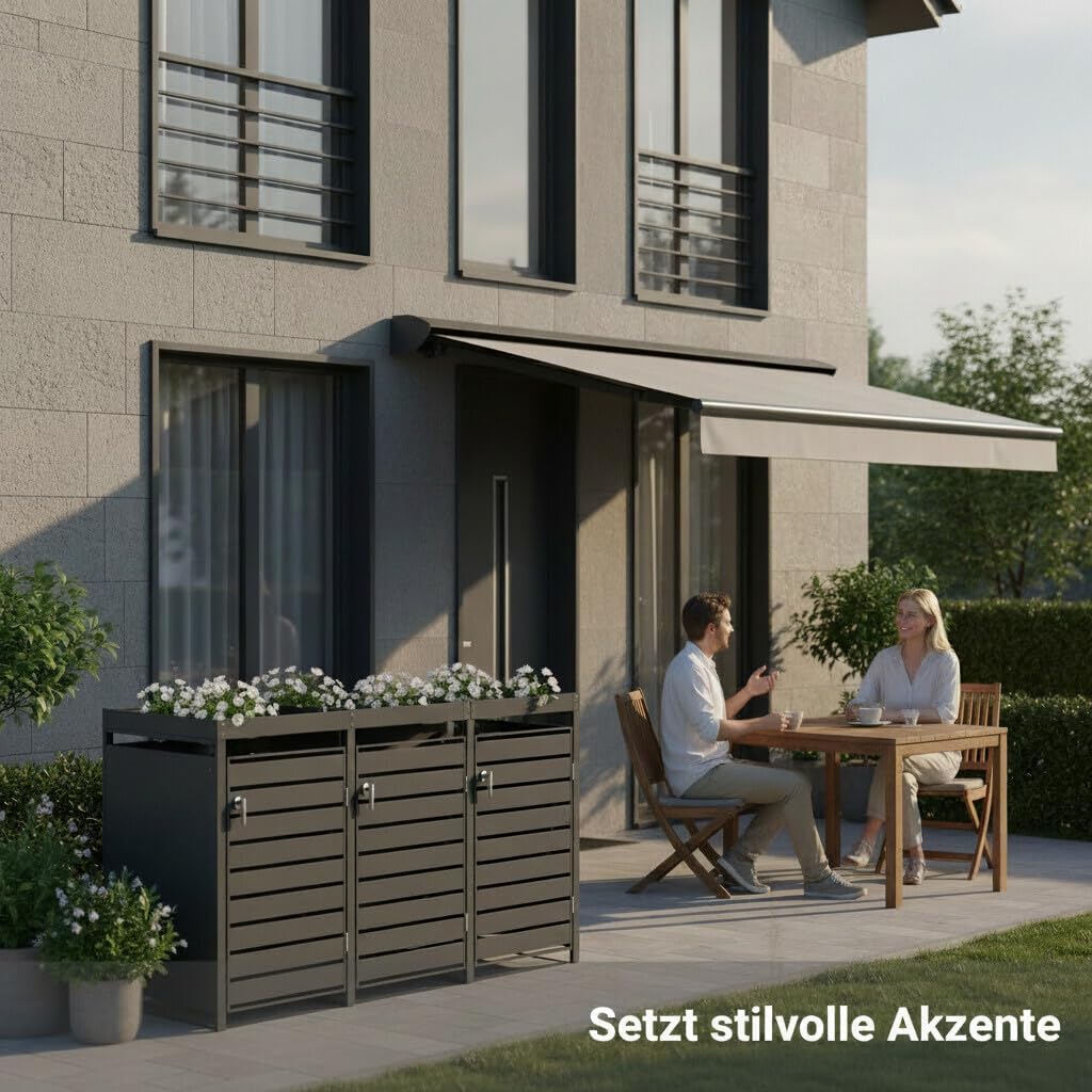Mülltonnenbox Metall Anthrazit für 3×240L - Mülltonnenunterstand mit Pflanzdach, integrierter Auffangkette zur Kippbegrenzung, pulverbeschichtet, wetterfest - B196×T80×H124 cm