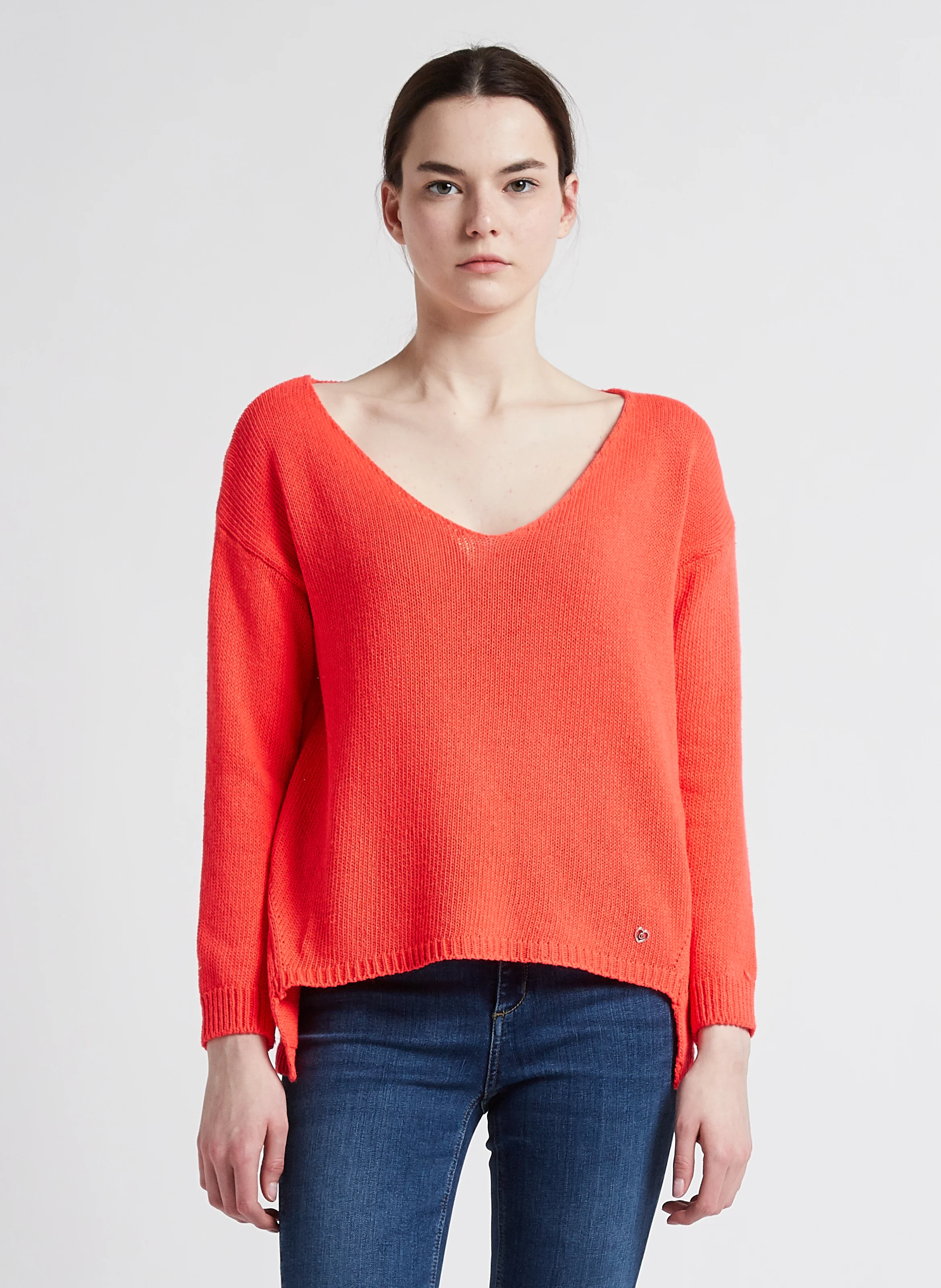 Pull en maille col V en coton mélangé| Orange