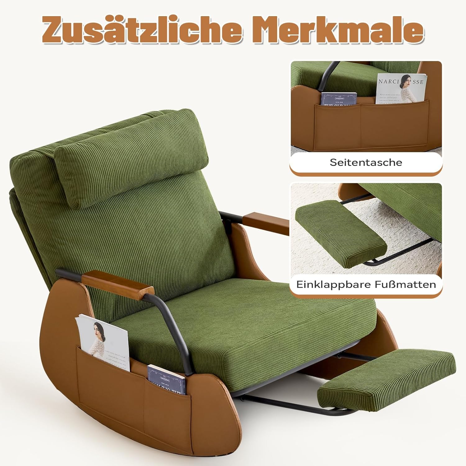 AVAWING Schaukelstuhl mit Klappbarer Rückenlehne,Schaukelsessel mit Kordober Holz und PU,Rocking Chair Schwingsessel für Wohnzimmer,Schlafzimmer,Beige-grün