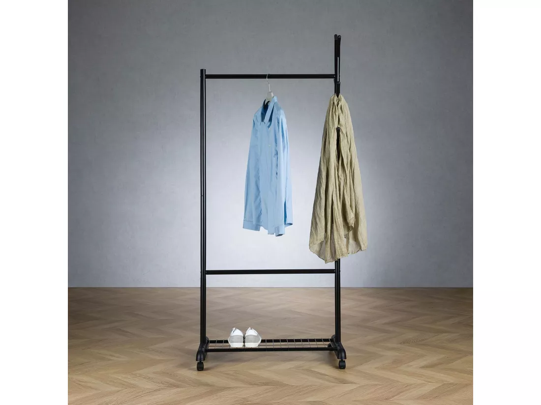 Penderie mobile AURIGO avec portemanteau, portant à vêtements sur roulettes, avec étagère à chaussures, en métal laqué noir