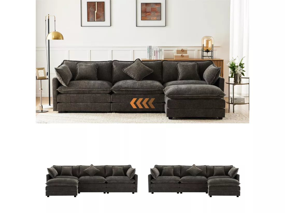 Canapé d'angle 3 places en chenille - avec un repose-pieds modulable - Gris