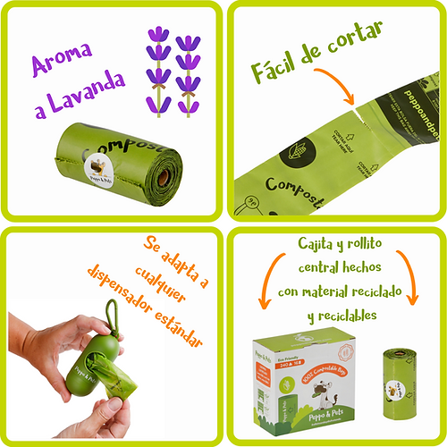 Peppo and Pets - 240 Sacos Compostáveis para Fezes de Cachorro - Muito Resistentes - Aroma de Lavanda - Feitos com 100% de Amido de Milho