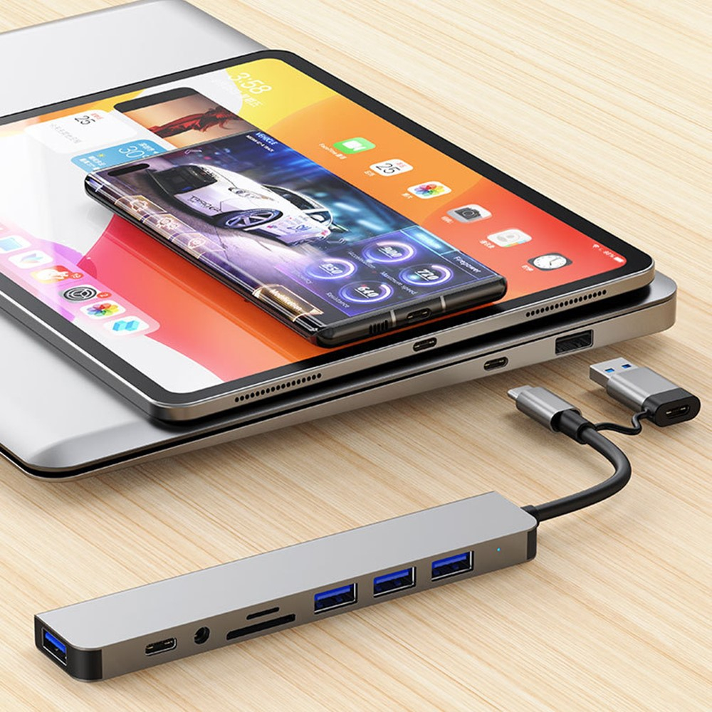 (5 Gbit/s) Alu USB C / USB 3.0 Multiport Adapter HUB mit USB C / 4x USB A / SD & Micro SD Kartenlesegerät / 3.5mm Klinken Anschluss - Grau