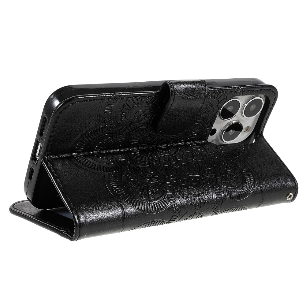 iPhone 13 Pro Leder Tasche Wallet - Mandala Flowers Imprint - Schwarz