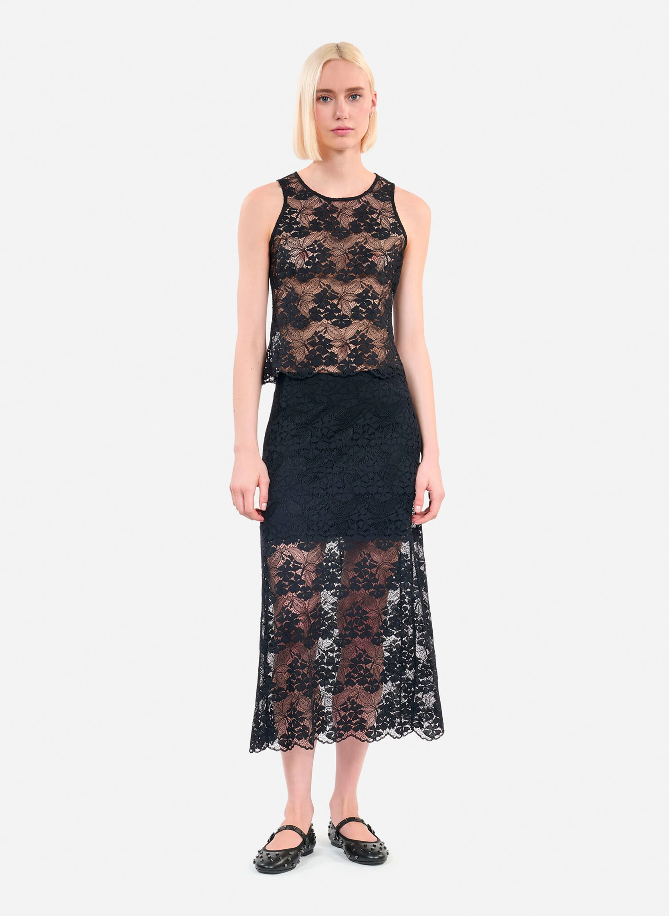 Jupe midi en dentelle | Noir