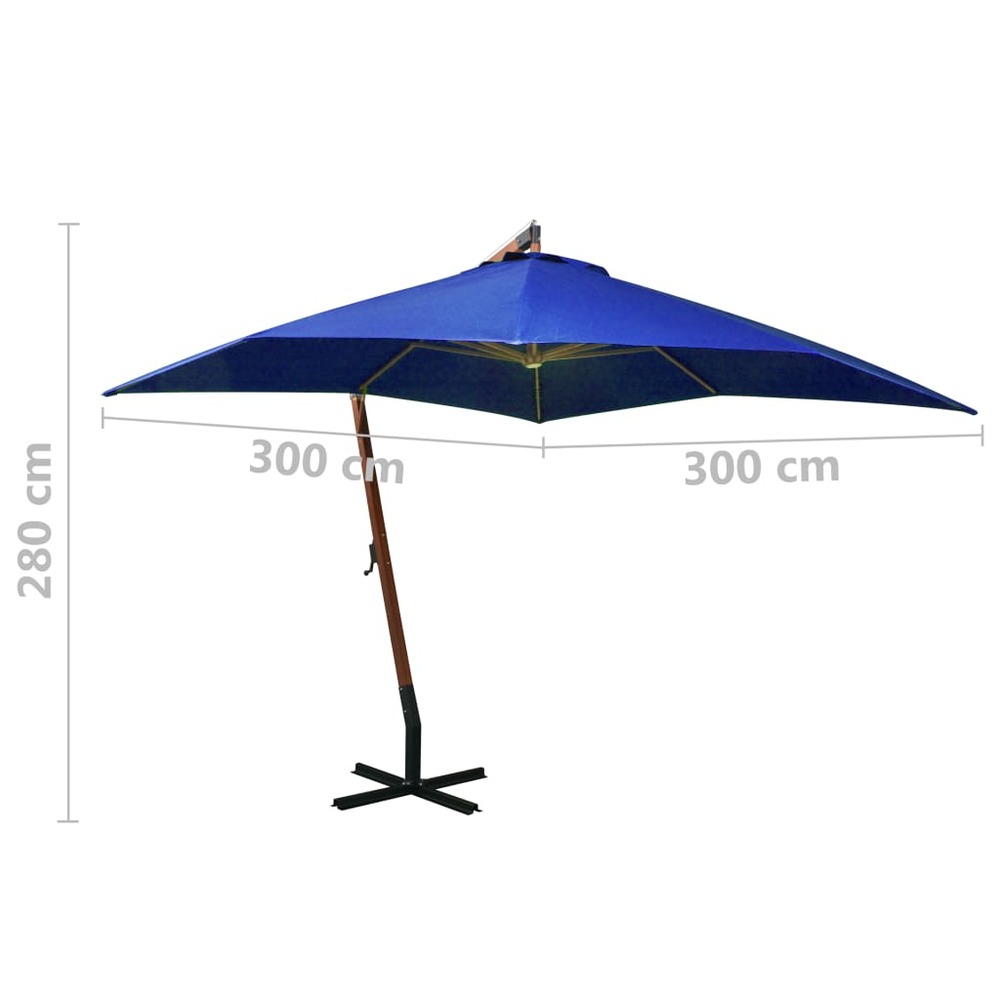 Parasol suspendu avec mât bleu azuré 3 x 3 m bois de sapin massif