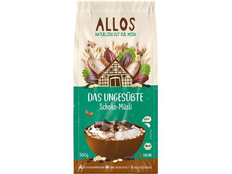 Allos Das Ungesüsste Schoko-Müsli 500 g Bio zertifizierte Getreideflocken ohne zugesetzten Zucker