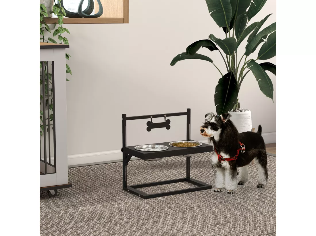 Gamelle double chien porte-gamelles surélevé hauteur réglable 2 gamelles acier inox. incluses métal noir