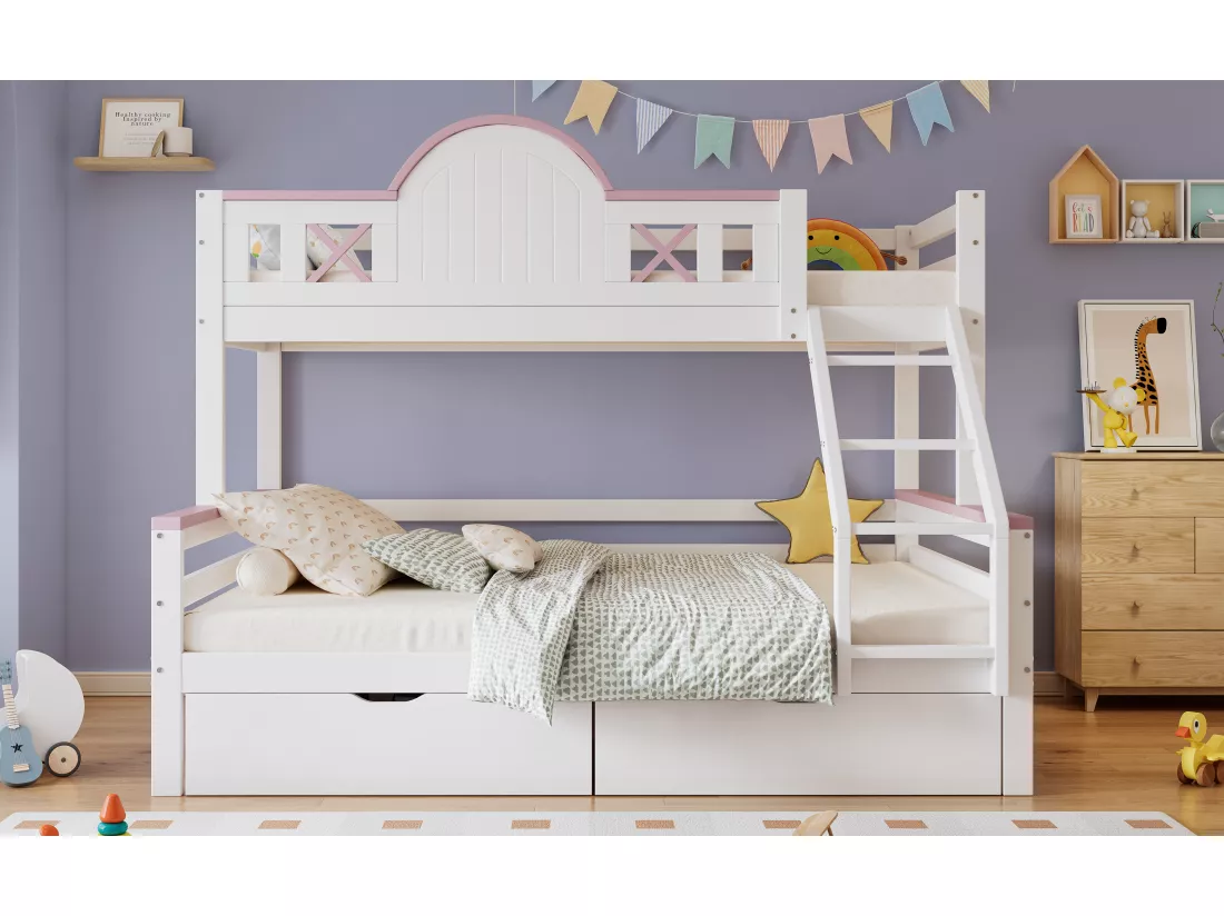 Lits superposés 140 x 200 cm + 90 x 200 cm avec 2 tiroirs, échelle inclinée et barrières - Bois pin + MDF - Blanc + rose
