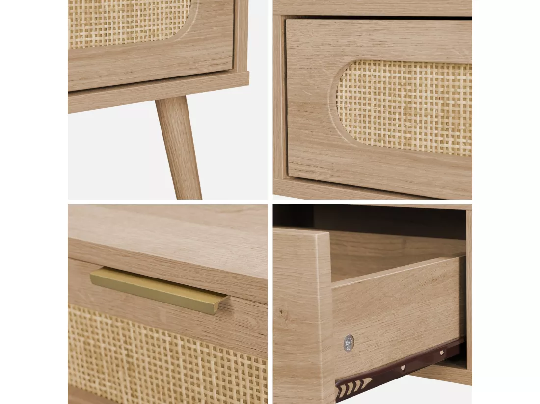 Table basse. Eva. scandinave en cannage arrondi et en décor bois. 1 tiroir réversible L110 x l59 x H39cm
