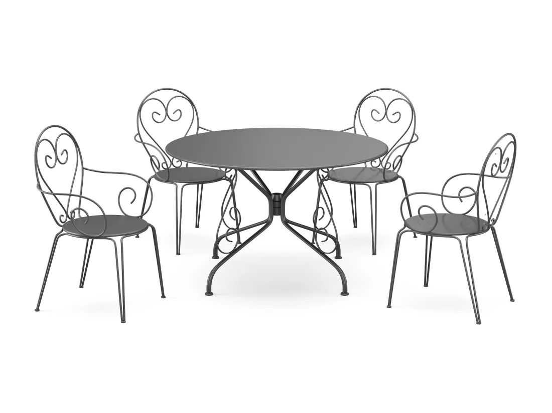 Salle à manger de jardin en métal façon fer forgé : une table D.120cm et 4 fauteuils empilables - Anthracite - GUERMANTES de MYLIA