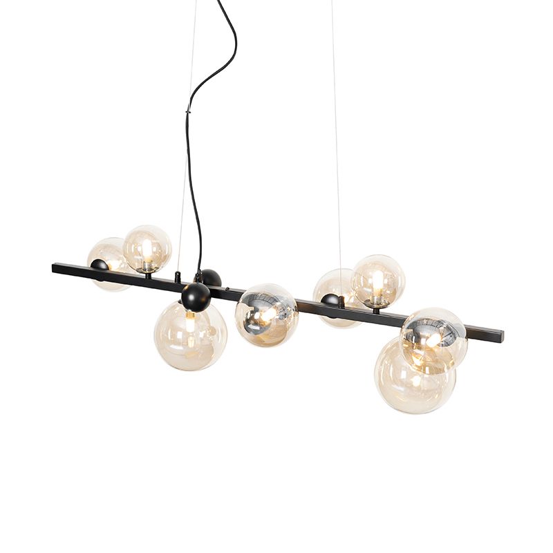 Art deco hanglamp zwart met amber glas 8-lichts - David