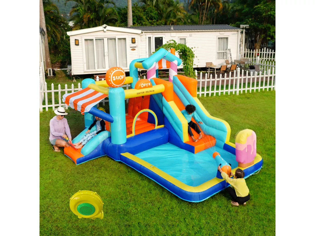 Château gonflable parc aquatique 7 en 1 pour enfants - 395 x 340 x 236cm - en oxford - avec souffleur - bleu