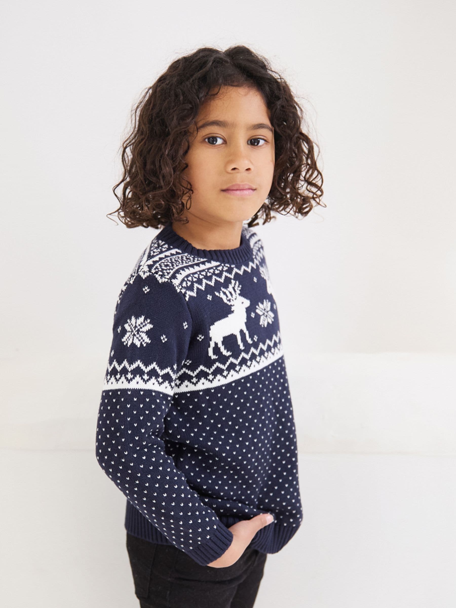 Marineblauw - The Little Tailor kinderkersttrui met rendier-fairislepatroon