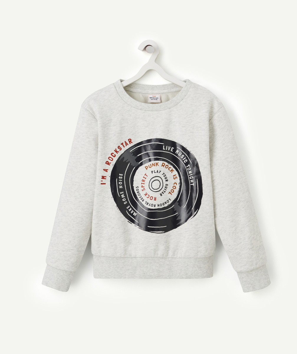 SWEAT GARÇON EN FIBRES RECYCLÉES GRIS CHINÉ AVEC MOTIF THÈME ROCK