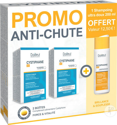 Cystiphane Promo Anti-Chute Cheveux Et Ongles Fort 2x120 Comprimés + Ecophane Soft Shampoing 200ml