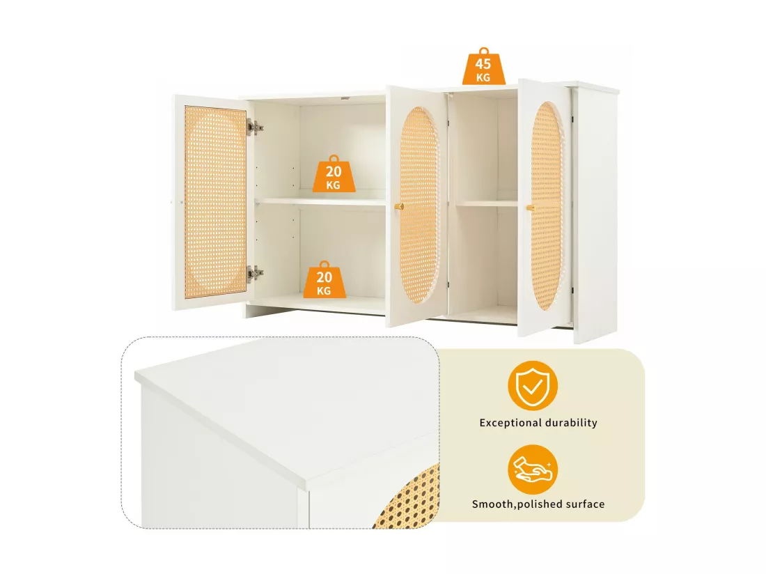 Buffet 3 portes en rotin avec étagères réglables - en MDF - Blanc