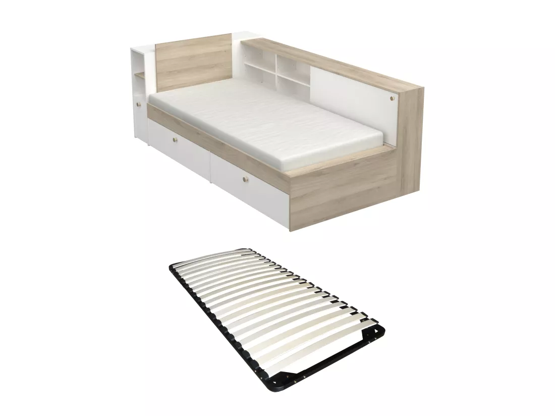 Lit modulable 90 x 190/200 cm avec rangements - Blanc et naturel + Sommier - LIARA