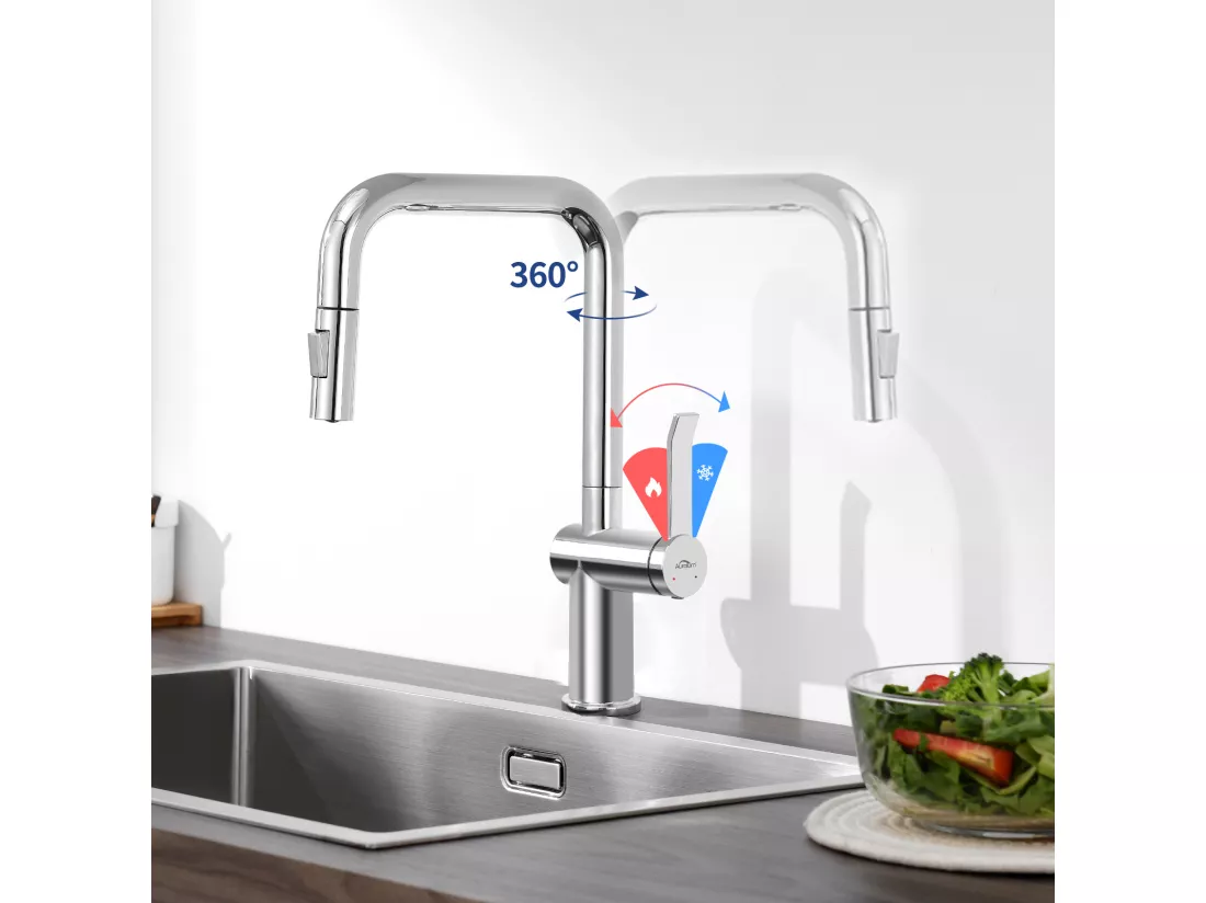 AuraLum Max Robinet Cuisine Douchette,Mitigeur Cuisine avec Douchette Extractible,Mitigeur Evier Rotatif 360°,2 Jets,Froid/Chaud,EU Modèle